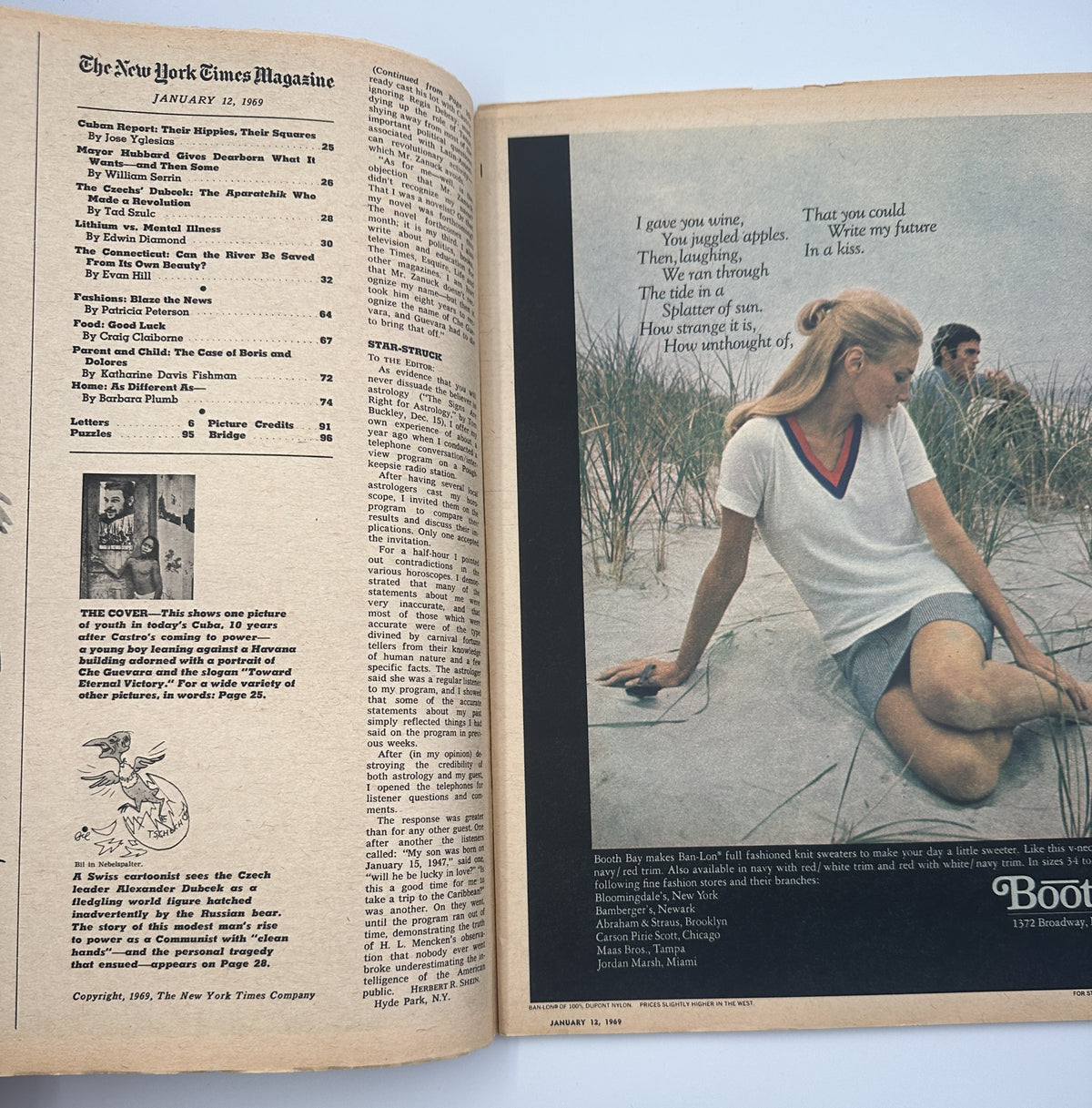 Inside spread of The New York Times Magazine January 12, 1969, displaying the table of contents along with a fashion advertisement, highlighting cultural elements of the era.
