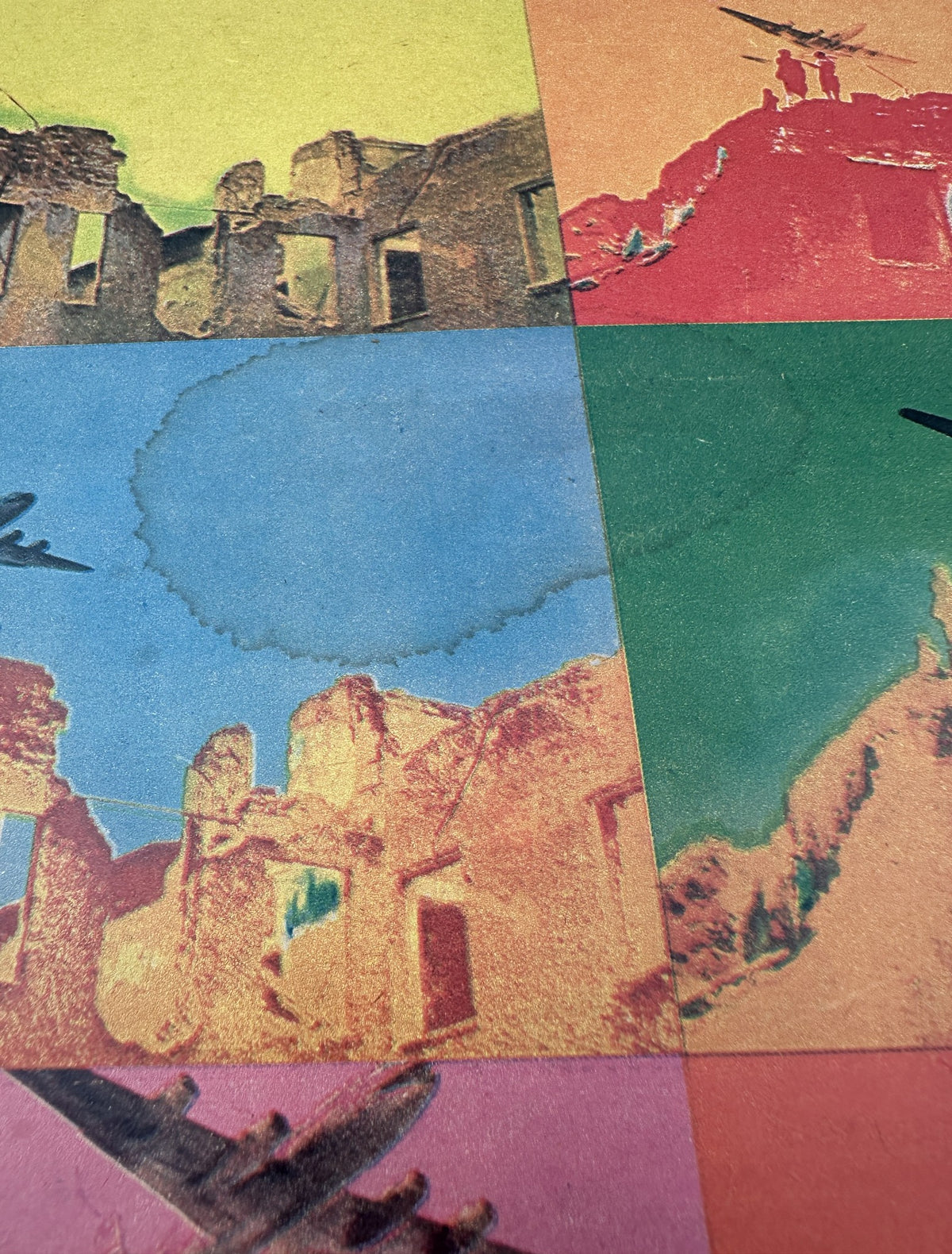 Colorful collage with historical ruins and planes, inspired by the Berlin Airlift theme from The New York Times Magazine April 29, 1973.