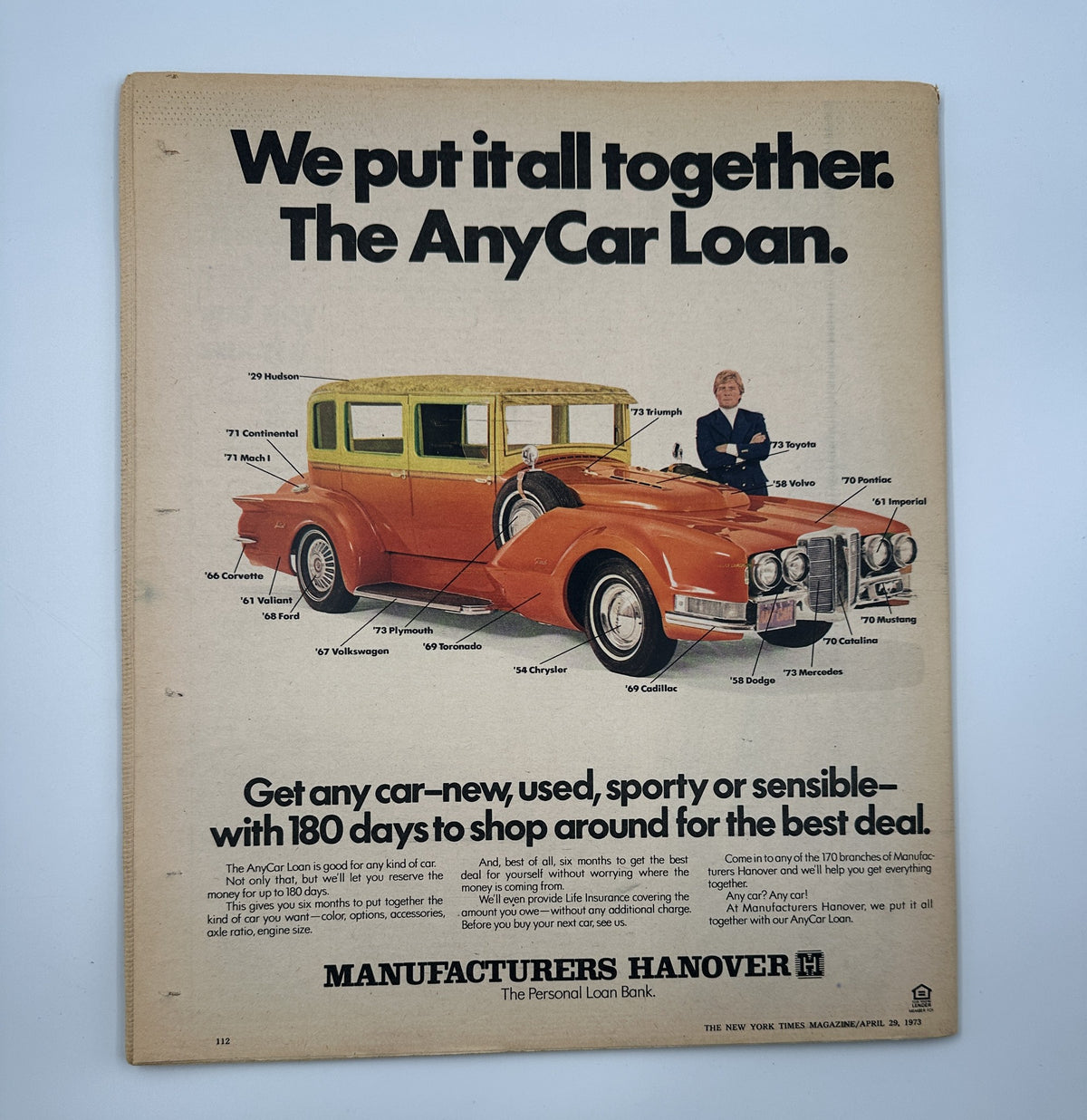 Advertisement for The AnyCar Loan, featured in The New York Times Magazine April 29, 1973, showcasing a vintage car and loan details.