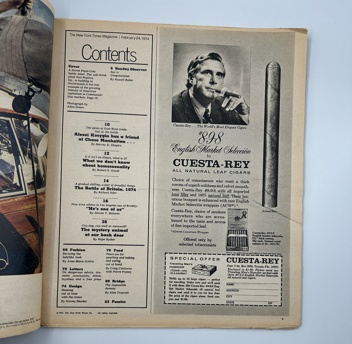 Inside page of The New York Times Magazine February 24, 1974 showing the Table of Contents, detailing articles including 'The genie of East-West trade: Out of the bottle'.