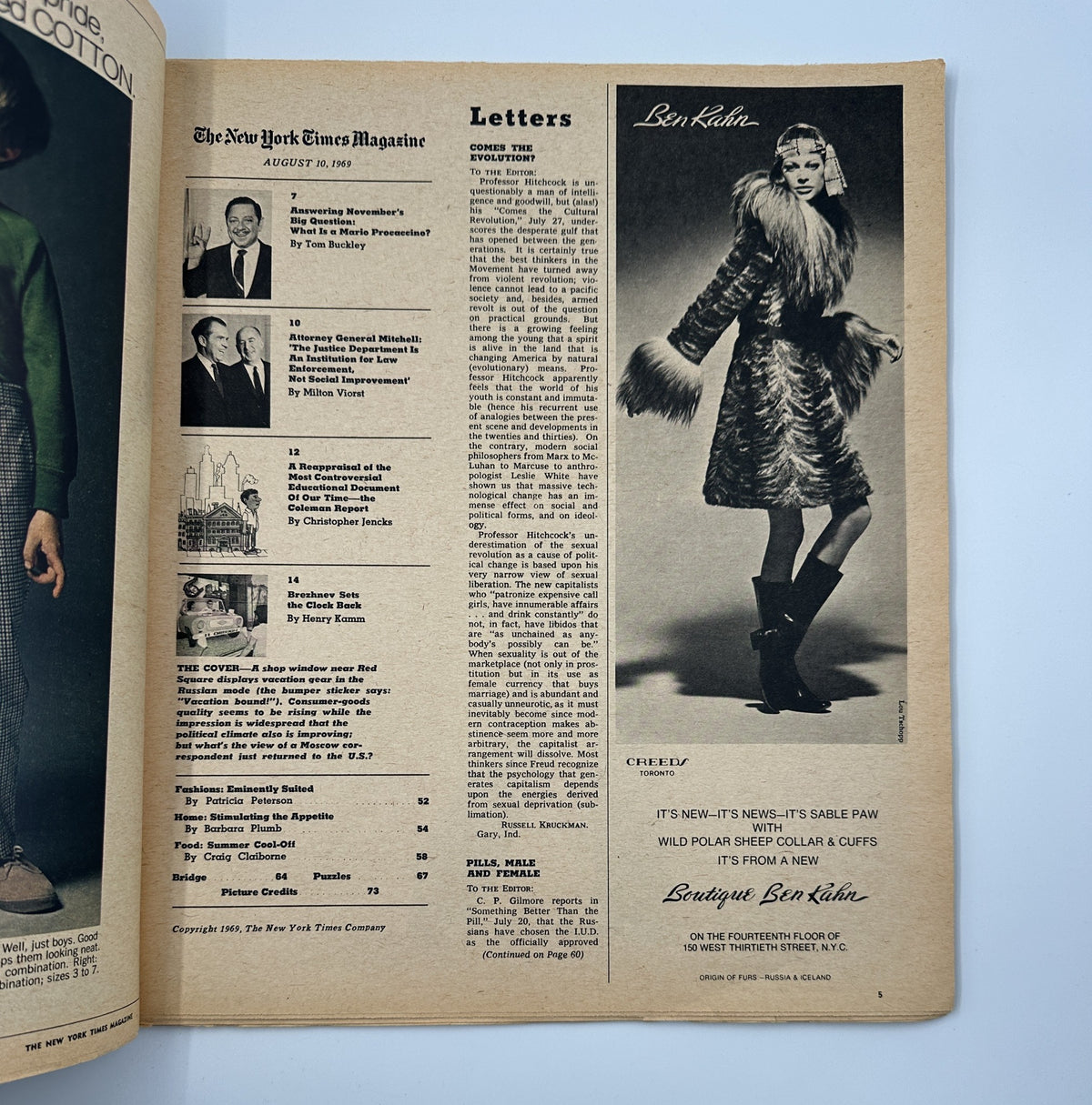 Image from The New York Times Magazine August 10, 1969 featuring a fashion advertisement for Ben Kahn, showcasing a model in a fur coat and stylish boots, alongside various letters to the editor.