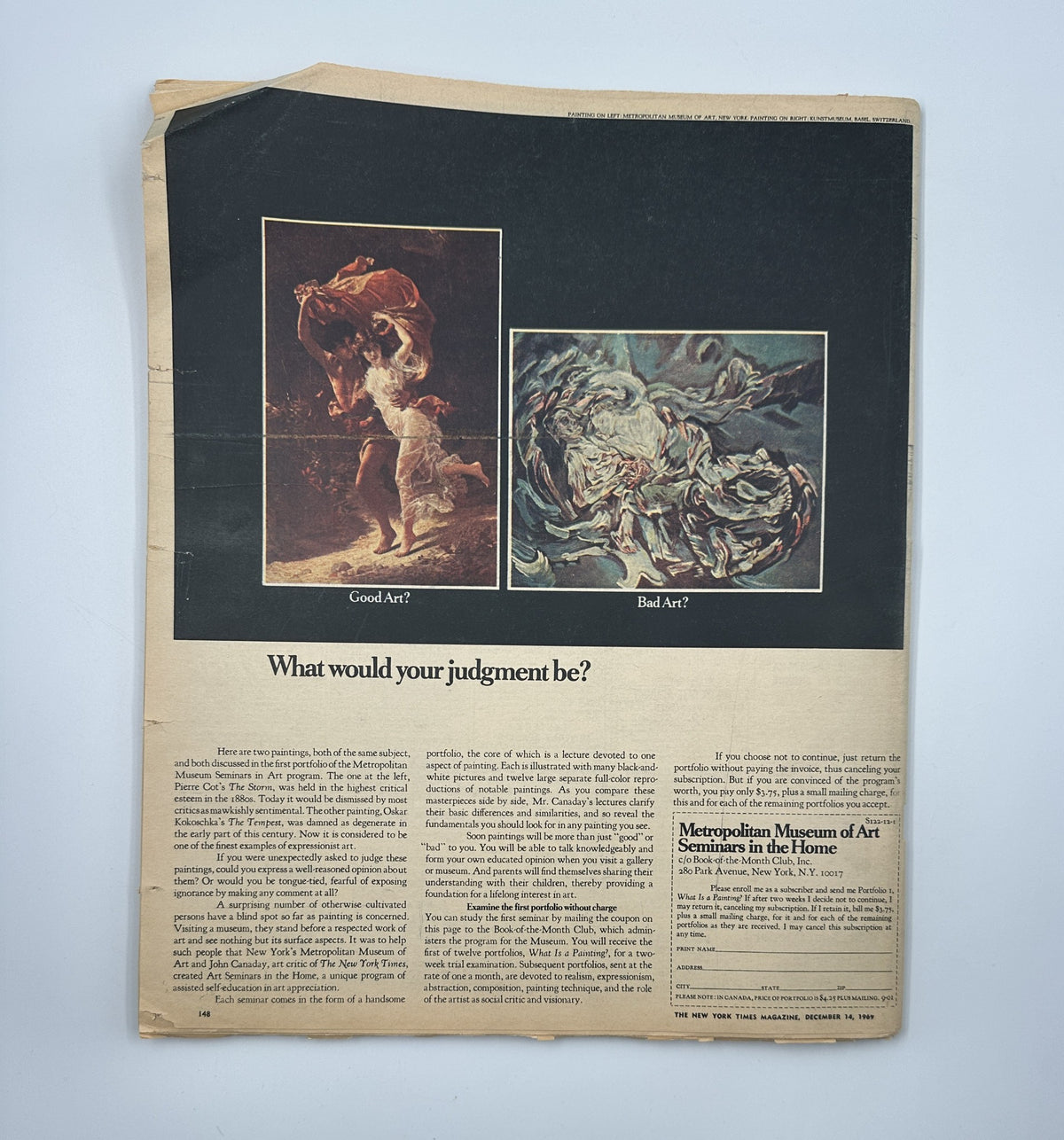 Back cover of The New York Times Magazine December 14, 1969 asking the thought-provoking question 'What would your judgment be?' paired with contrasting images labeled 'Good Art?' and 'Bad Art?'. The advertisement for Metropolitan Museum of Art seminars is visible.