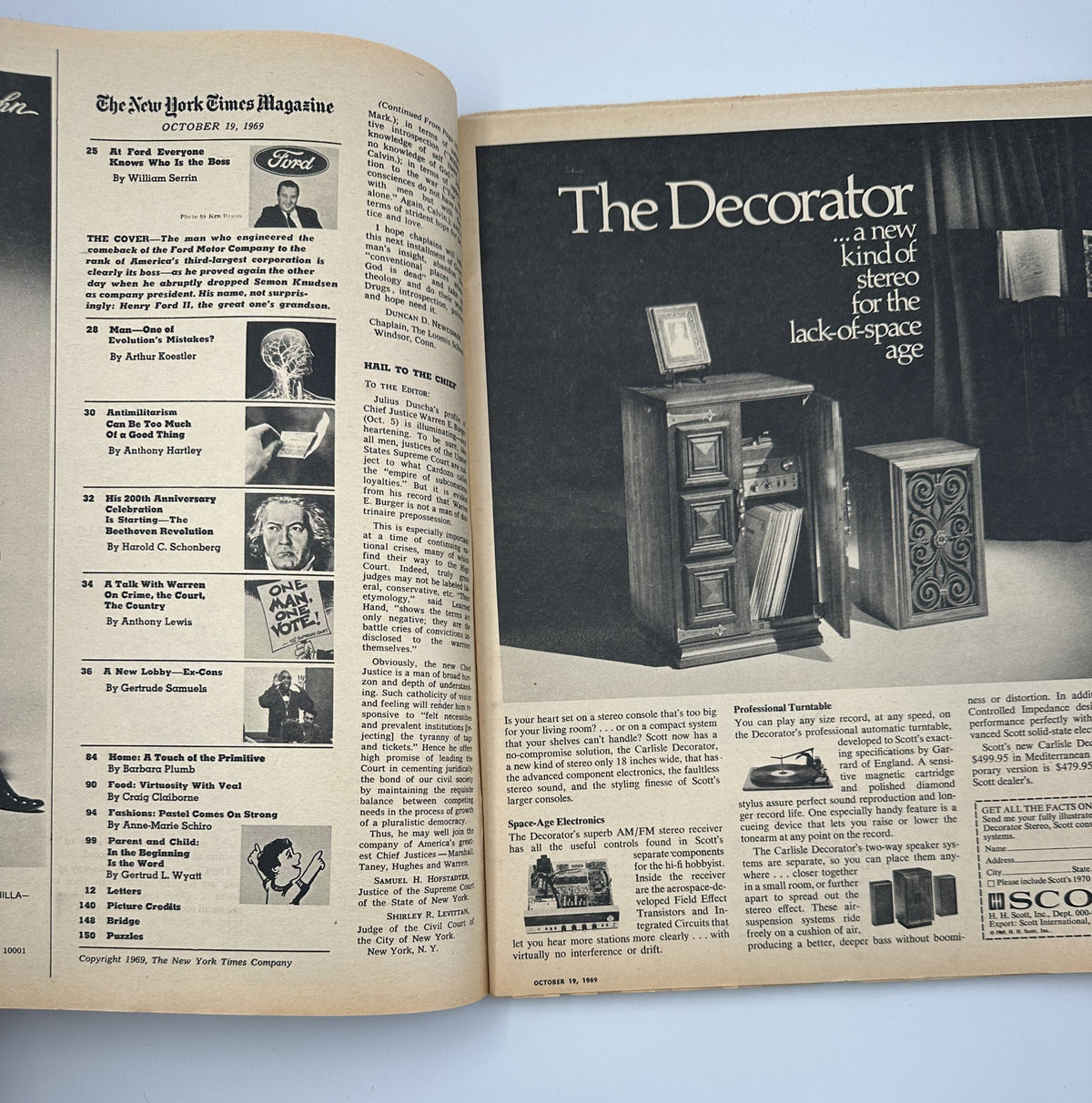 Inside spread of The New York Times Magazine, October 19, 1969 showcasing contents including 'The Decorator - a new kind of stereo for the lack-of-space age'.