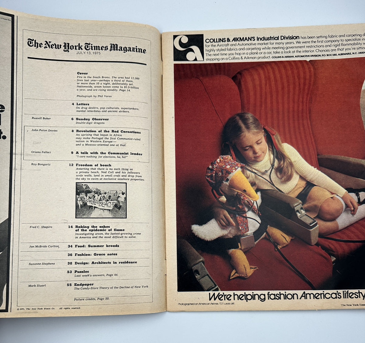 Inside spread of The New York Times Magazine from July 13, 1975, displaying the Table of Contents alongside an image of a child interacting with a plush toy, providing insights into the magazine's diverse content.