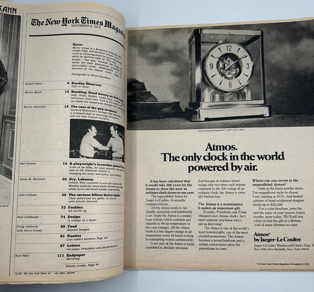 An interior page of The New York Times Magazine from November 9, 1975, showcasing an article titled 'Atmos. The only clock in the world powered by air,' detailing innovative designs and timekeeping technology.
