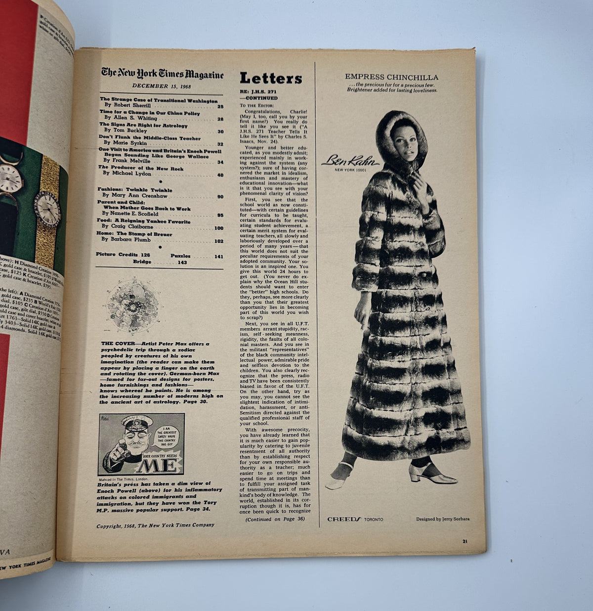 Inside page from The New York Times Magazine December 15, 1968, displaying letters to the editor section alongside an advertisement featuring a model in a luxurious fur coat.