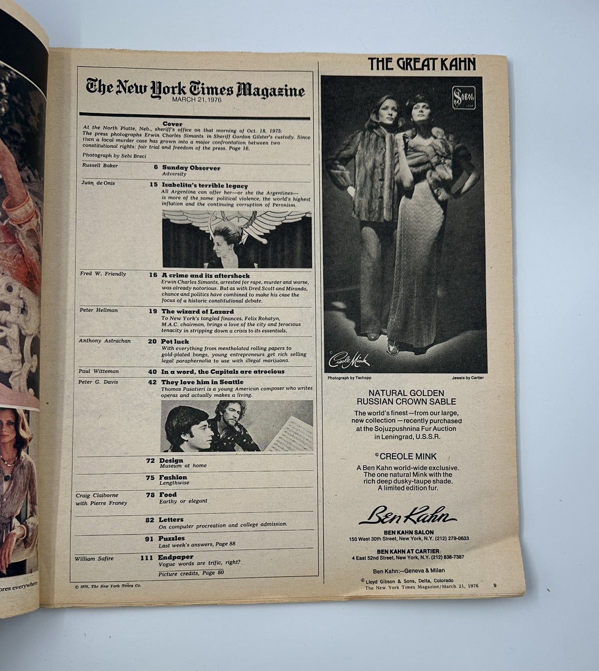 Inside spread of The New York Times Magazine from March 21, 1976, showing the Table of Contents including articles such as 'A Crime and Its Aftershock' and 'The Great Kahn', providing insight into the topics covered in this issue.