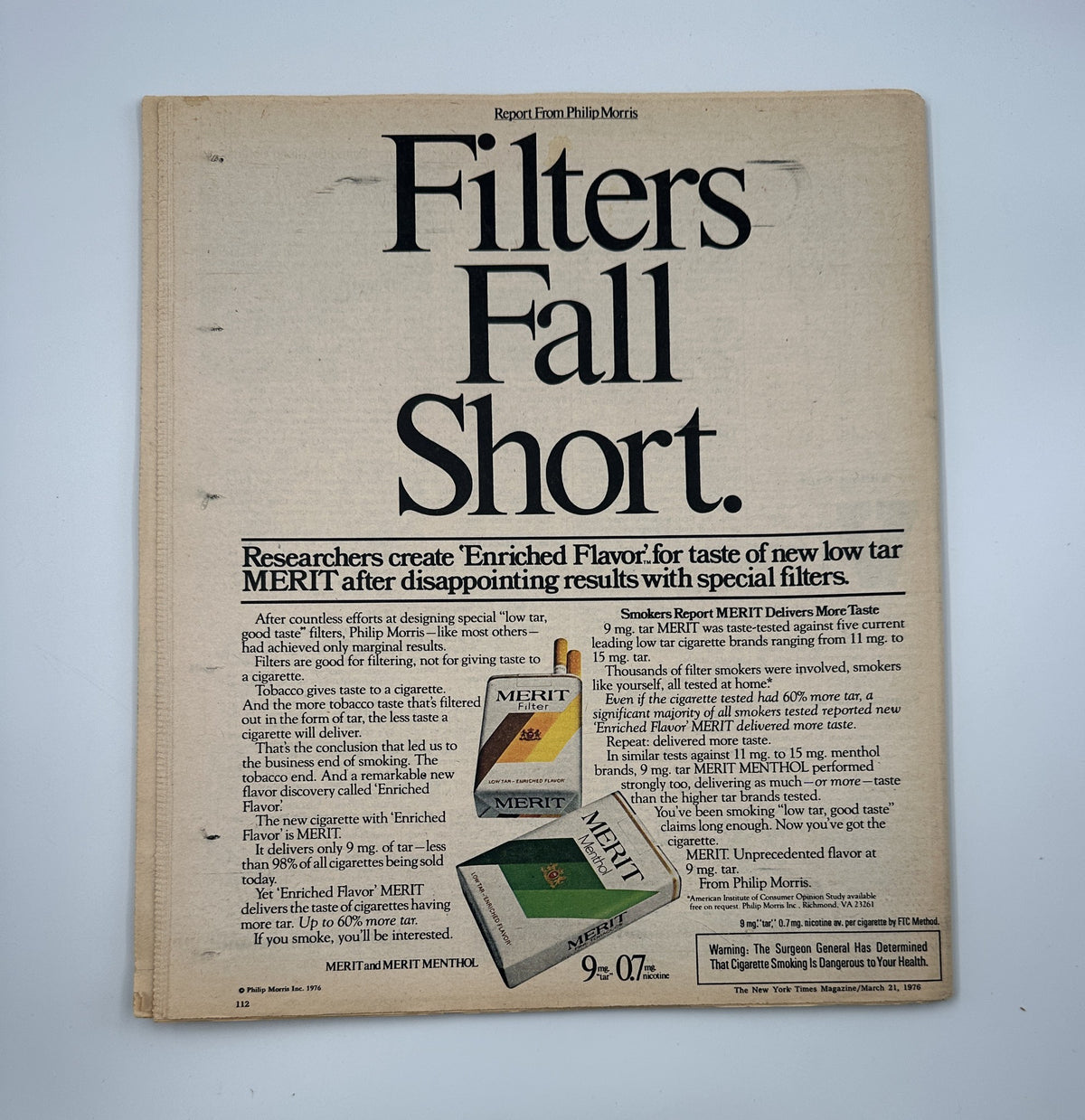 The New York Times Magazine March 21, 1976 cover featuring an article titled 'Filters Fall Short.' The cover discusses research by Philip Morris on 'Enriched Flavor' for low tar Merit's special filters, showcasing a vintage advertisement style.