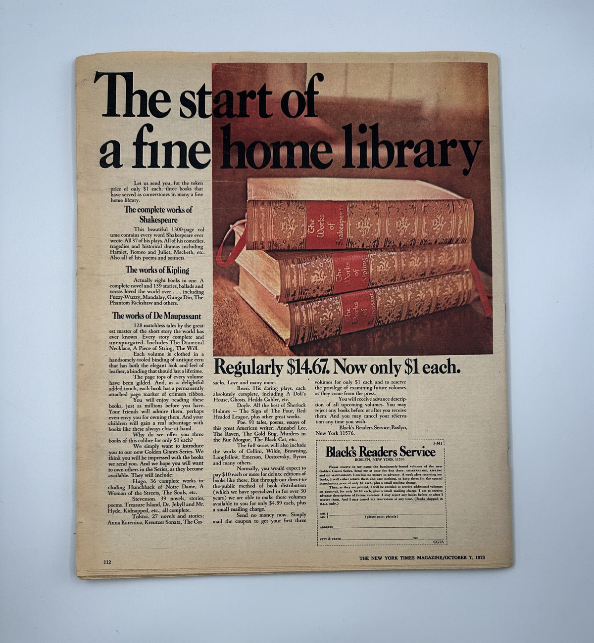 An advertisement page from The New York Times Magazine, October 7, 1973, promoting fine home library books with a stylish layout. The text highlights classic works available for only $1 each, referencing the completeness of literary collections.