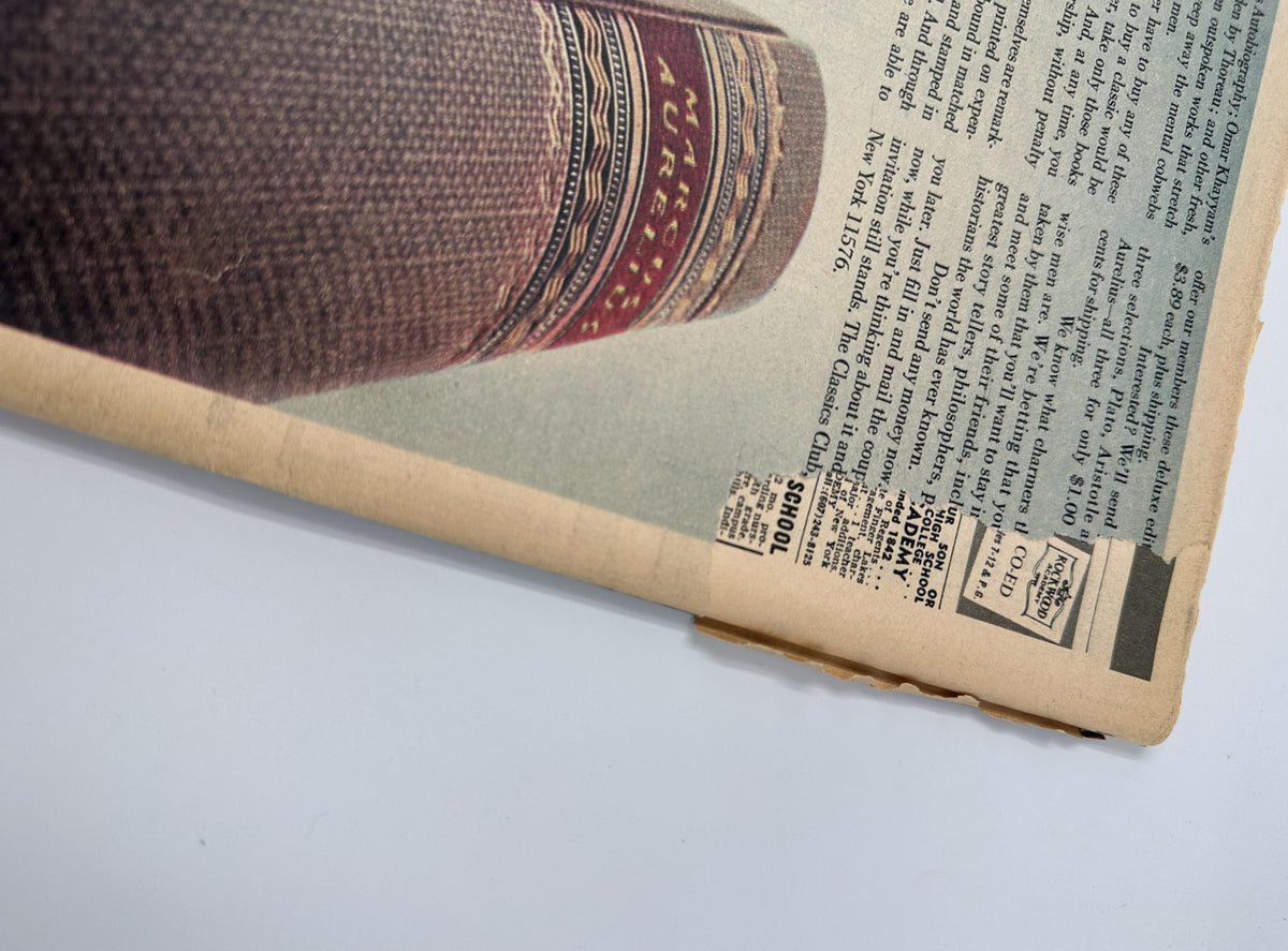 Back cover of The New York Times Magazine January 4, 1970 showing an advertisement with a close-up of colorful fabric, including vintage magazine labels and details, demonstrating the magazine's design and advertising style.
