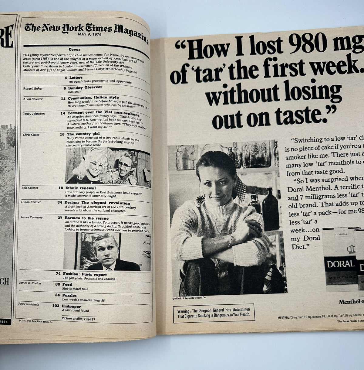 Inside spread of The New York Times Magazine May 9, 1976 discussing a weight loss method with a young woman, emphasizing health and lifestyle.