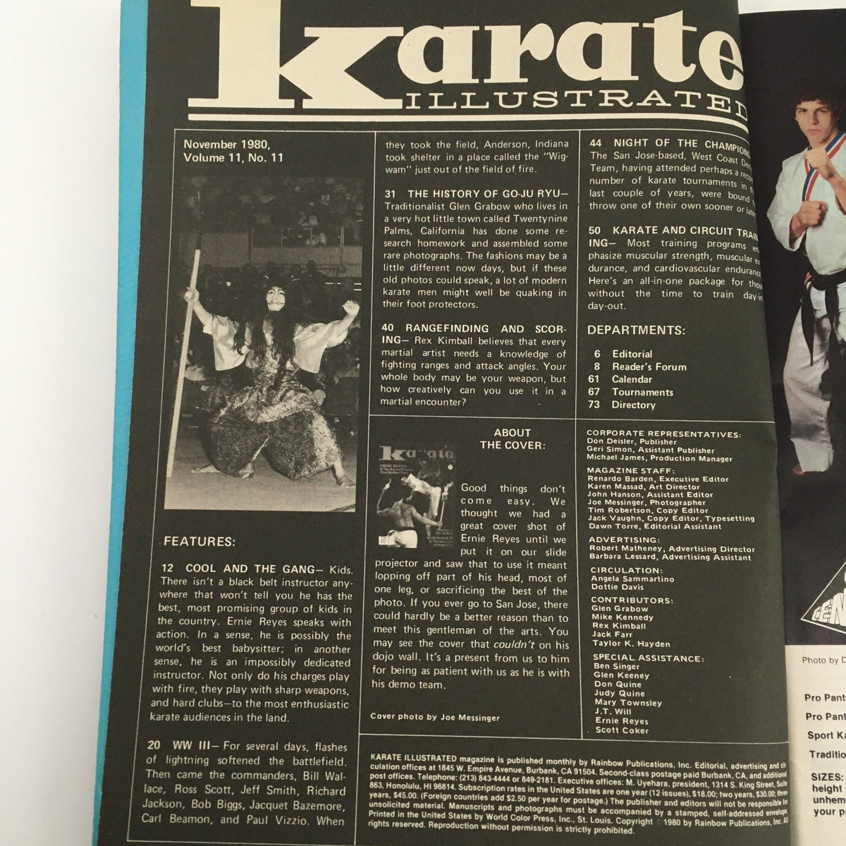 Cover page of Karate Illustrated Magazine November 1980 Vol 11 #11 featuring a dynamic martial arts performance, highlighting Ernie Reyes Sr. This vintage magazine captures the spirit of karate in the 1980s.