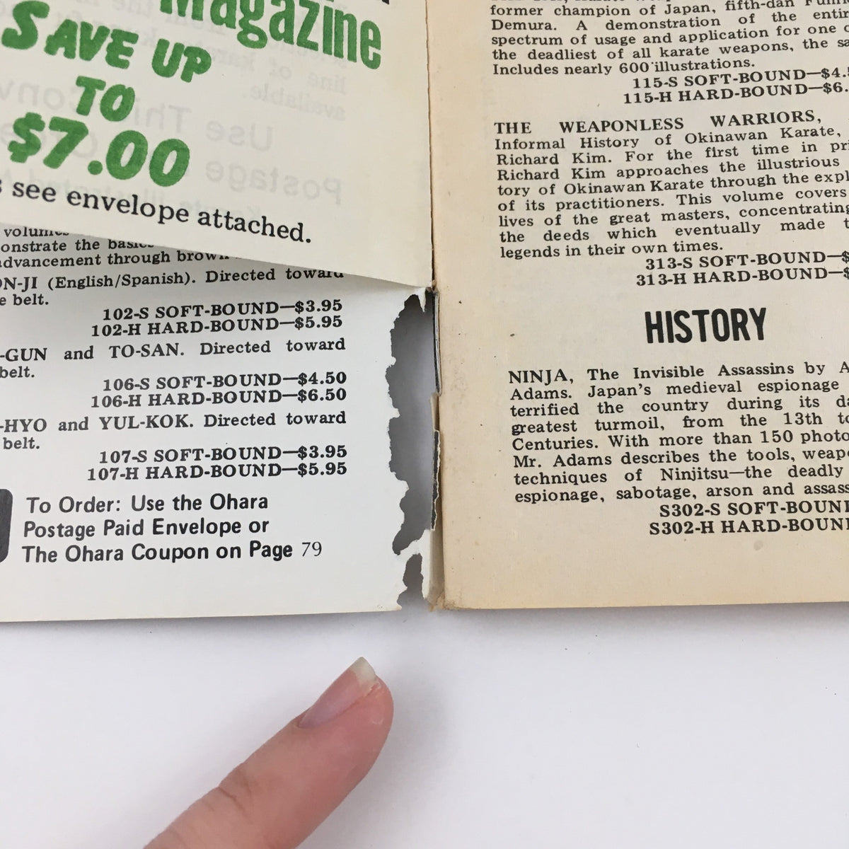 Damaged back cover of Karate Illustrated Magazine September 1975 Vol 6 #9 showing visible wear and tear with promotional details.