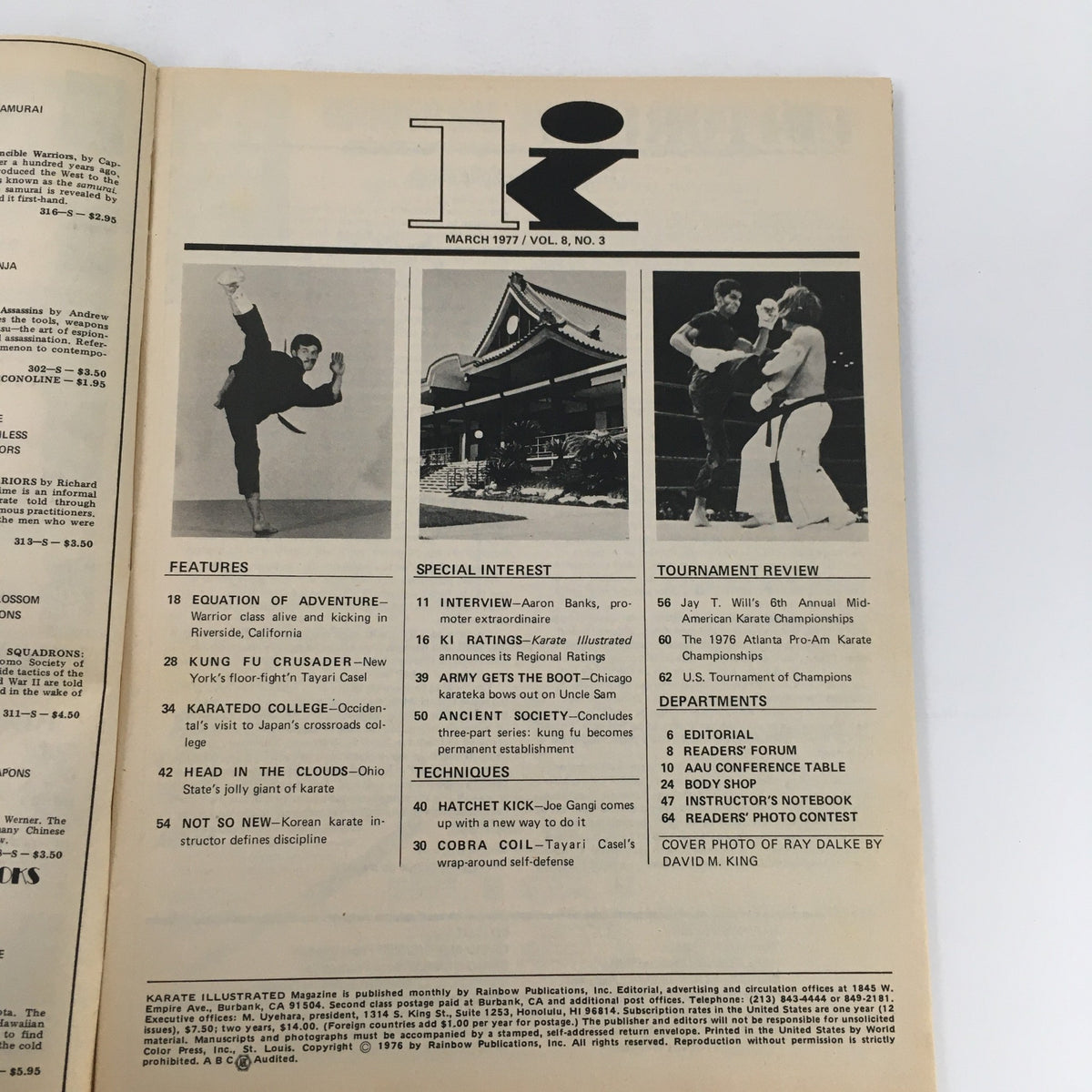 Cover page of Karate Illustrated Magazine March 1977 Vol 8 #3 featuring martial arts articles, techniques, and interviews including content contributed by Ray Dalke and Tayari Casel.