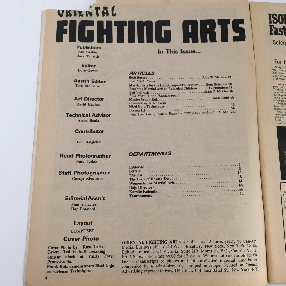 Table of contents for Oriental Fighting Arts Magazine March 1975 Vol 1 #7 showing contributors and featured articles such as 'The Myth Killer' and martial arts techniques.