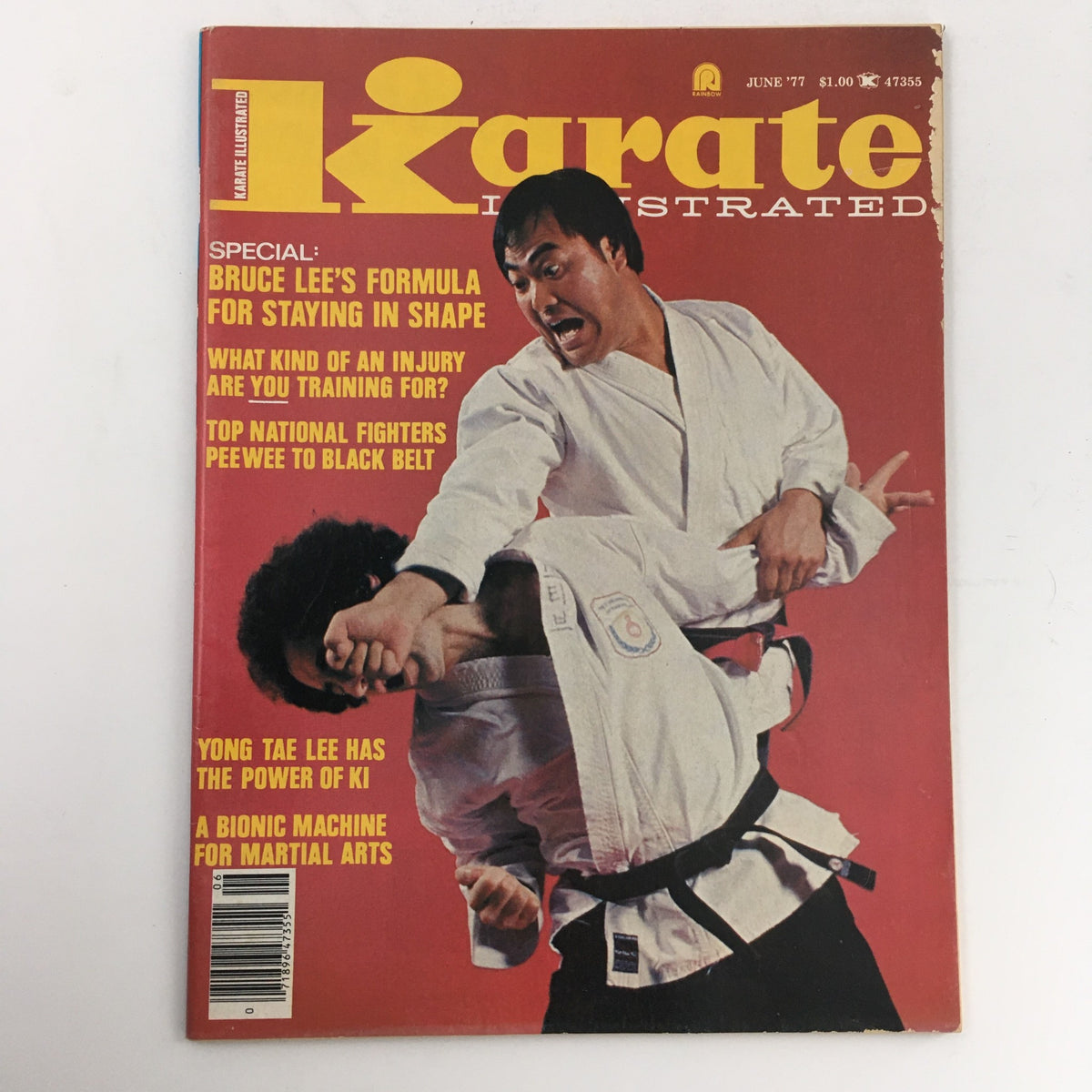 Cover of Karate Illustrated Magazine June 1977 featuring Yong Tae Lee and highlights about Bruce Lee's training formula, showcasing a martial arts scene.