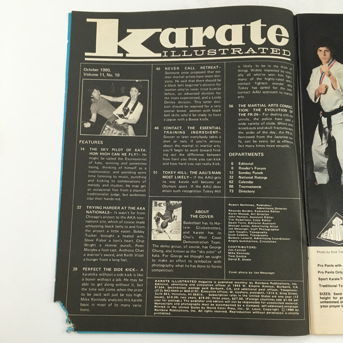 Inside page of Karate Illustrated Magazine October 1980 Vol 11 #10 featuring article titles and features related to martial arts, including interviews and training tips.