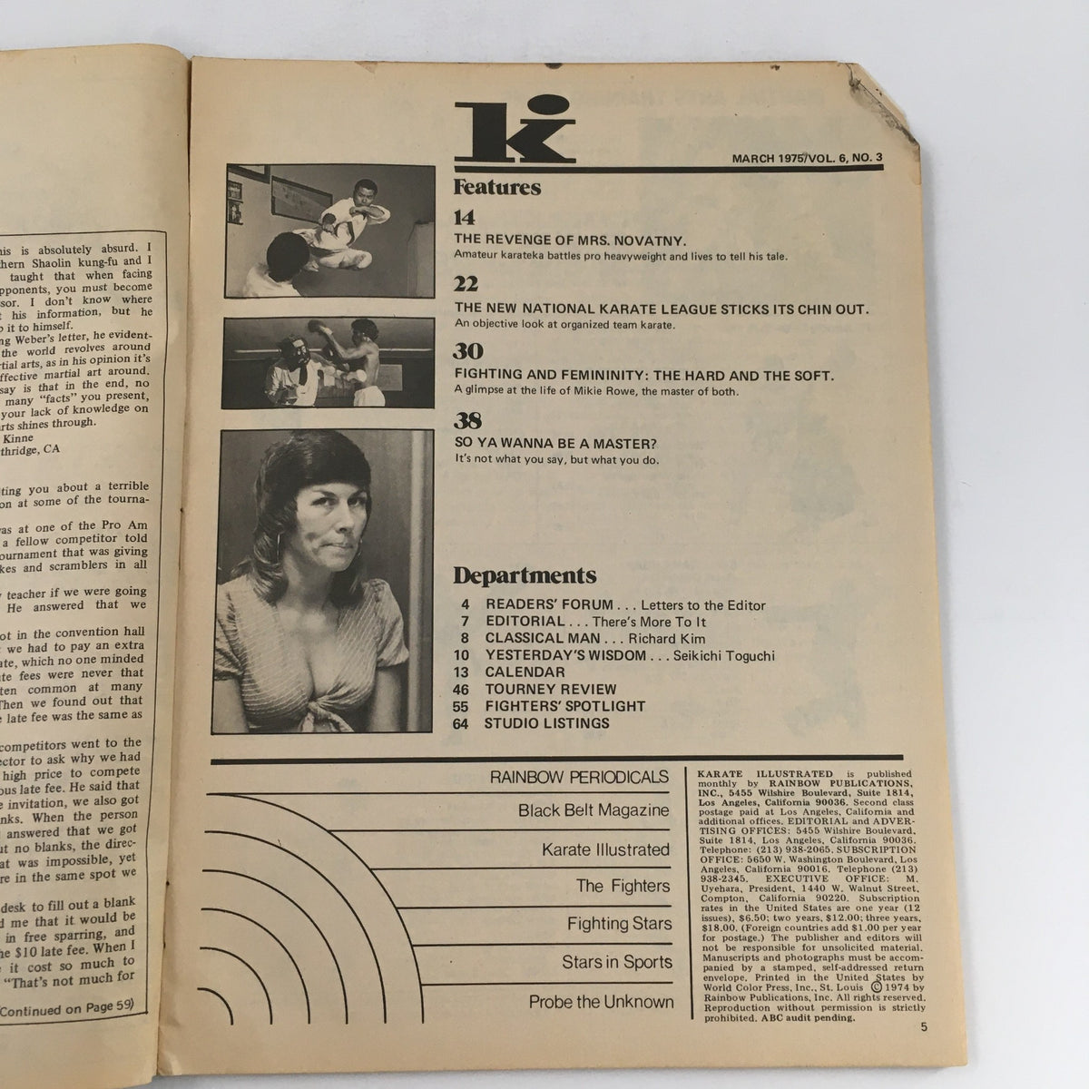 Inside page of Karate Illustrated Magazine March 1975 Vol 6 #3 showcasing features such as 'The Revenge of Mrs. Novatny' and 'So Ya Wanna Be a Master?'. Highlights articles and departments.