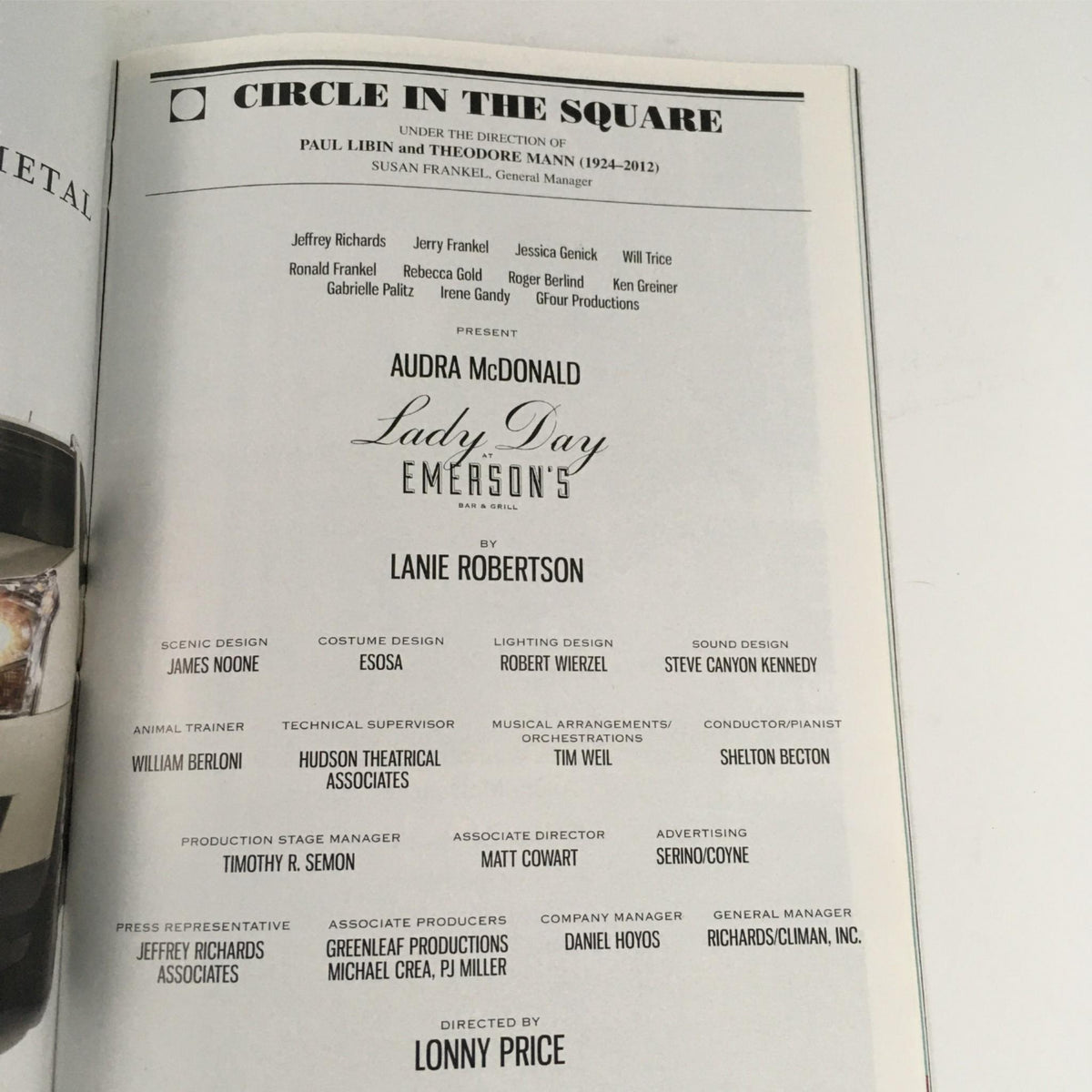 Inside page of the 2014 Playbill for 'Lady Day' by Audra McDonald at Emerson's Bar & Grill, featuring cast and crew credits, including Lanie Robertson as the playwright.