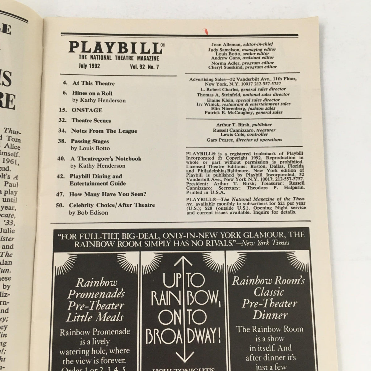 Inside page of the 1992 Playbill for Jelly's Last Jam including theatrical magazine information from July 1992.