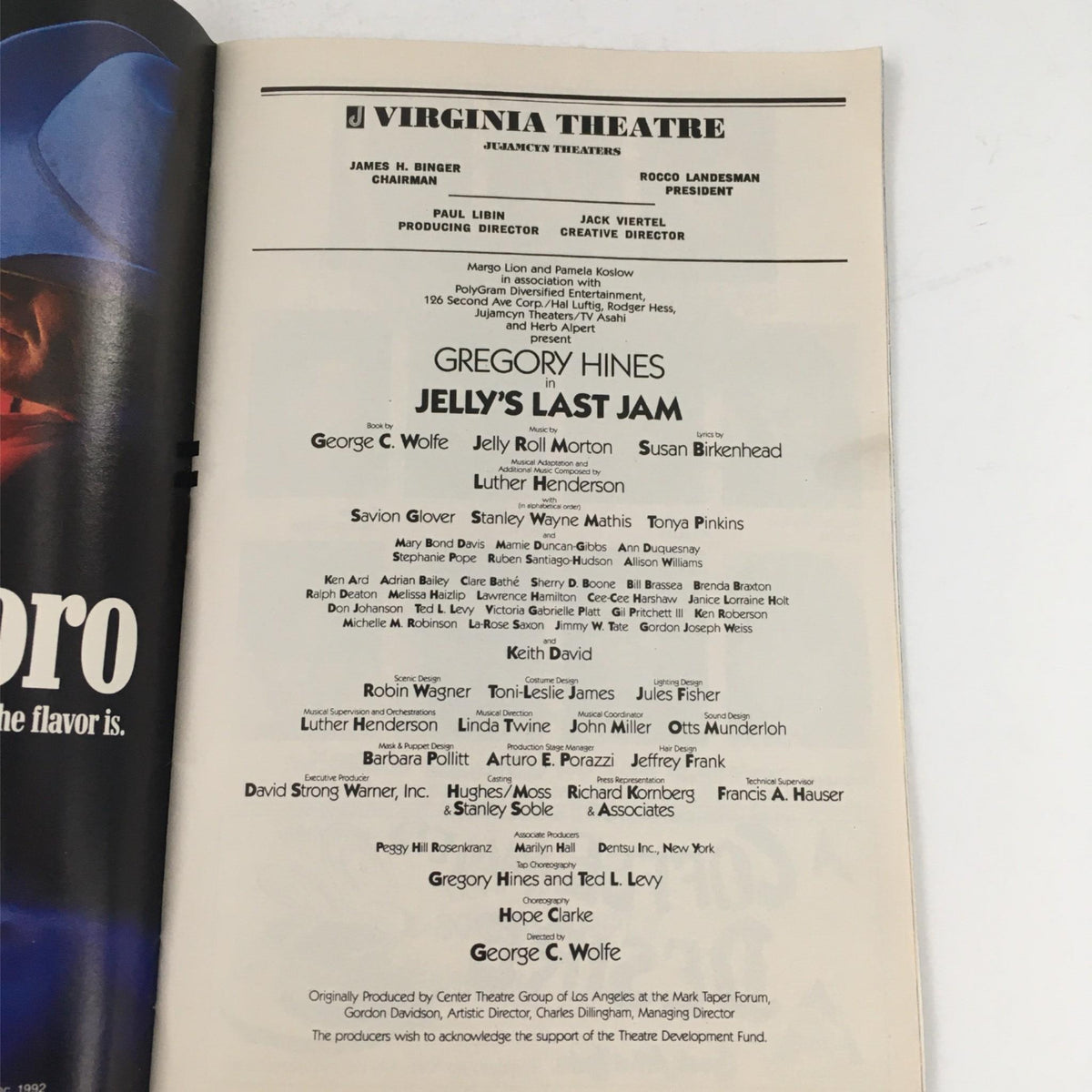 Credits page of the 1992 Playbill for Jelly's Last Jam detailing the creative team including Gregory Hines and George C. Wolfe.