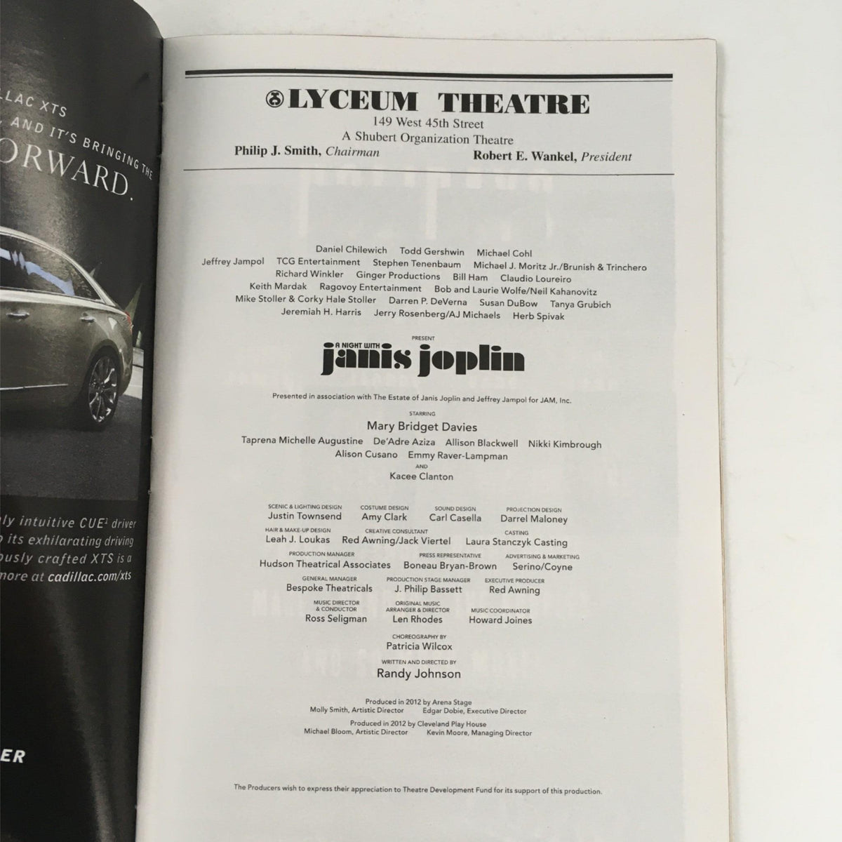 Credits page of the 2013 Playbill for 'A Night with Janis Joplin' at Lyceum Theatre, listing production details and crew members involved in the show.