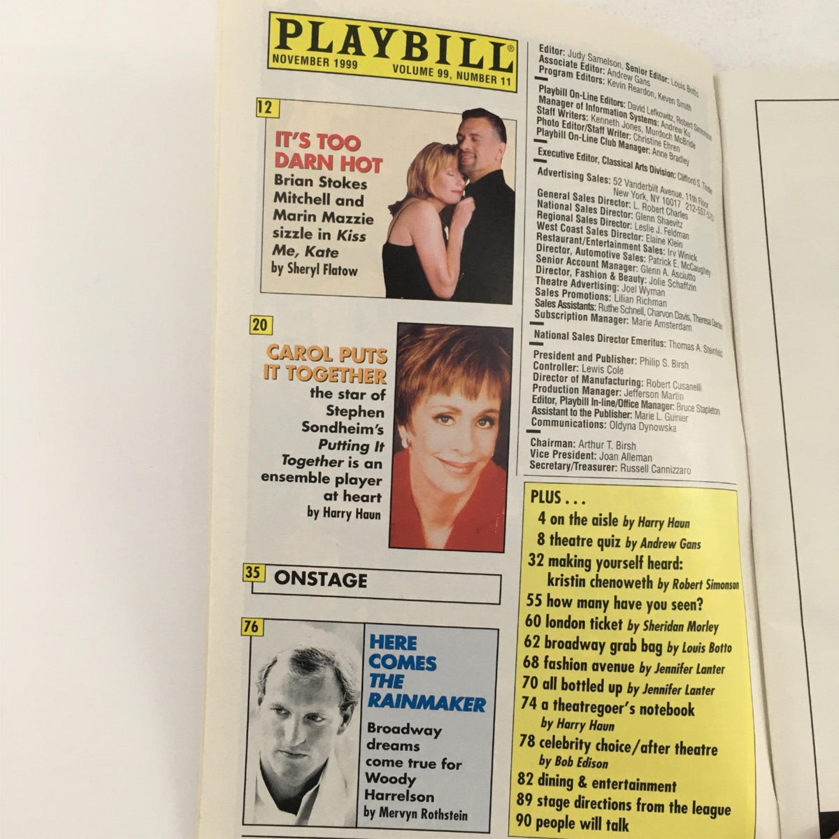 Inside page of the November 1999 Playbill, showcasing scenes from various productions including 'Epic Proportions'.