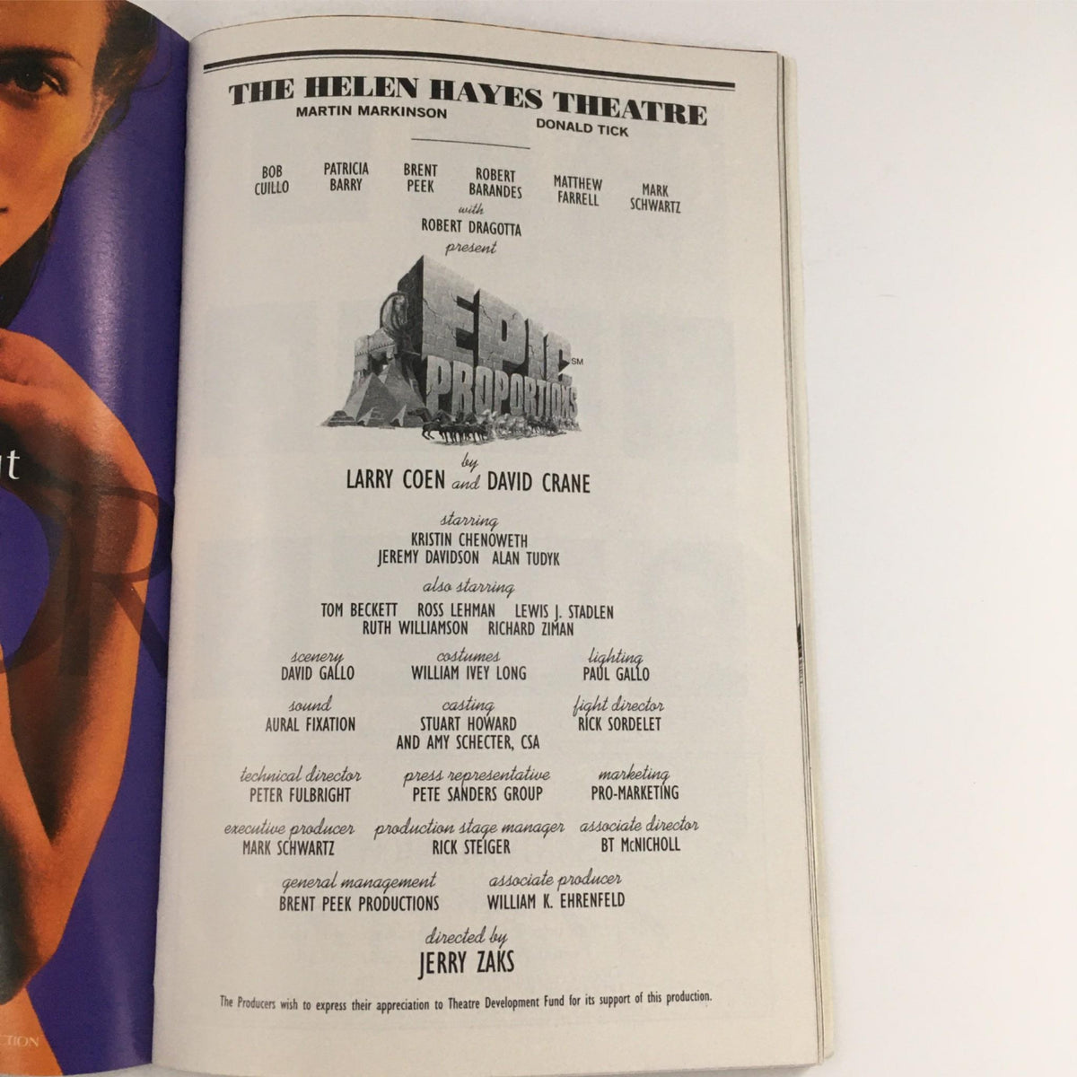 Details page from the Playbill for 'Epic Proportions', listing the play's creatives and cast alongside the iconic logo.