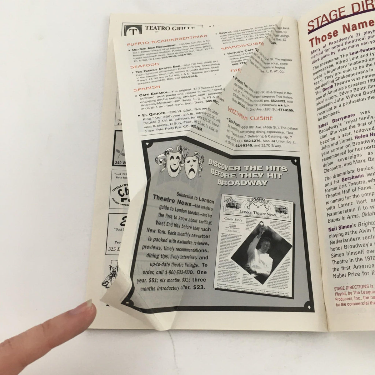 Inside page of the 1999 Playbill for 'Epic Proportions' by Larry Coen and David Crane, featuring an advertisement for London Theatre News and local dining options related to theater productions.