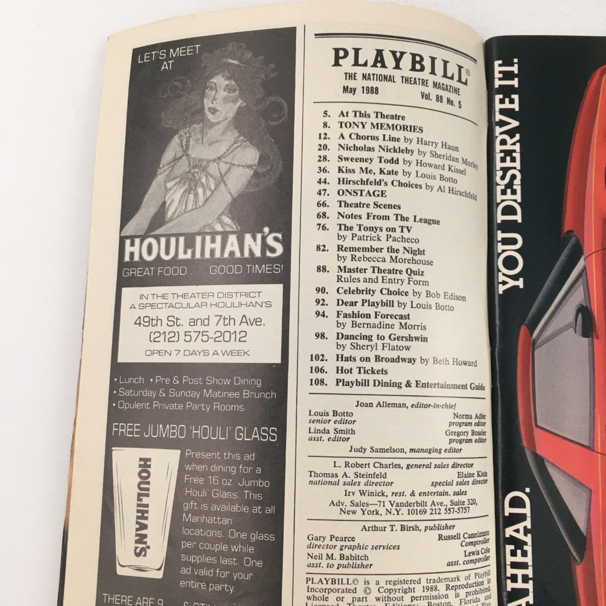 Interior page of the 1988 Playbill for Michael Feinstein in Concert, displaying a promotional advertisement for Houlihan’s restaurant and events schedule.