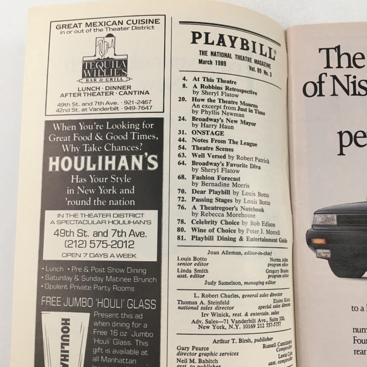 An interior page from a Broadway Playbill for 'Me and My Girl' at Marquis Theatre, featuring a listing of other theatre advertisements including Tequila Willies and Houlihan's.