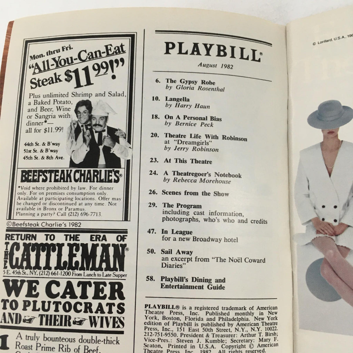 1982 Playbill for Dreamgirls by Michael Bennett and Michael Peters at the Imperial Theatre showcasing advertisements for Beefsteak Charlie's and The Cattleman restaurant, featuring a list of shows and cast details.