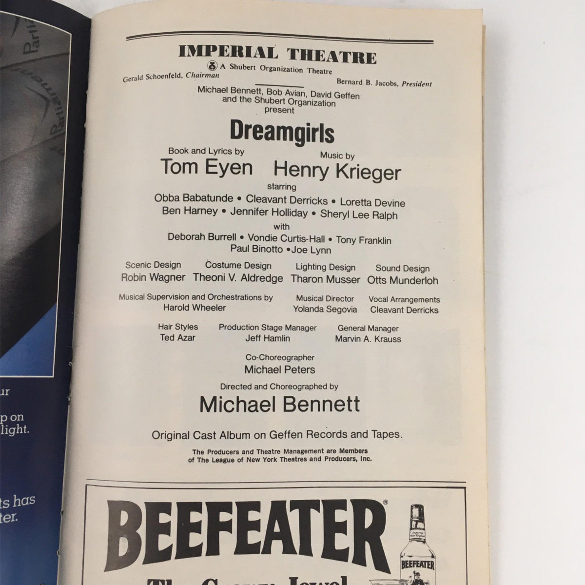 1982 Playbill for Dreamgirls by Michael Bennett and Michael Peters at Imperial Theatre highlighting the production details, including the creative team and cast members alongside promotional content for Beefeater.