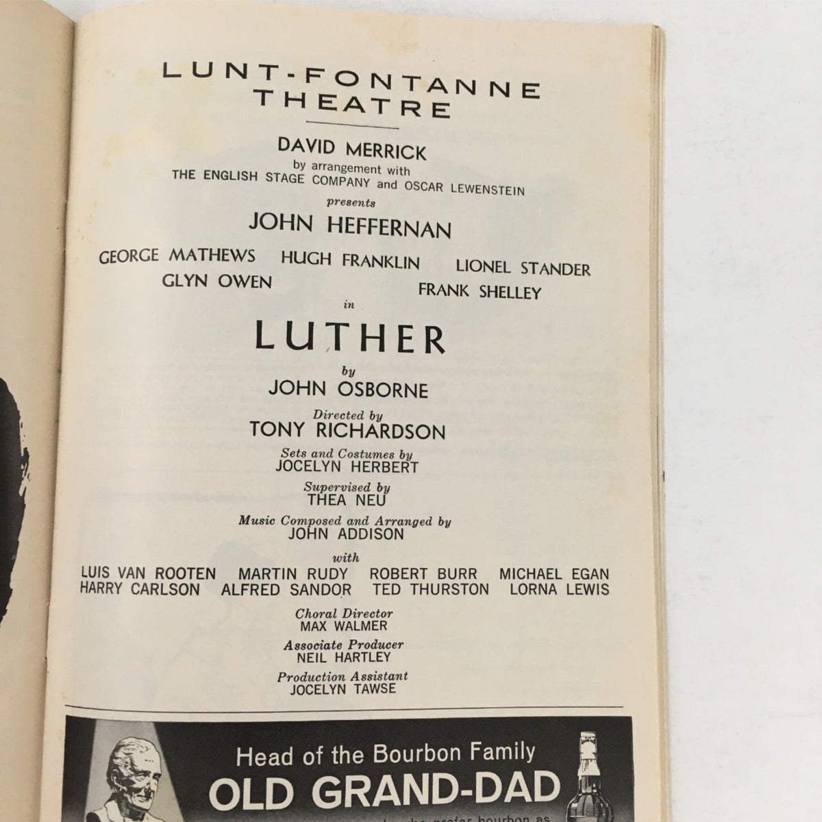 Another inside page of the 1964 Playbill for Luther, highlighting the show's cast and crew, including director Tony Richardson and playwright John Osborne.