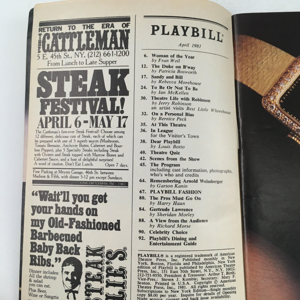 Inside page of the 1981 Playbill for Lunch Hour showcasing the Steak Festival advertisement.