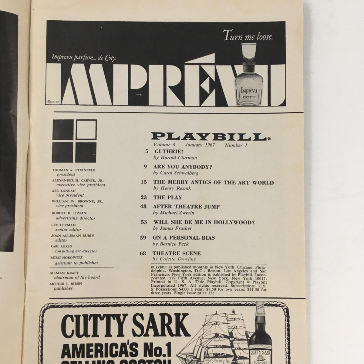 Inside page of the January 1967 Playbill for The Impossible Years, highlighting various articles and advertisements.