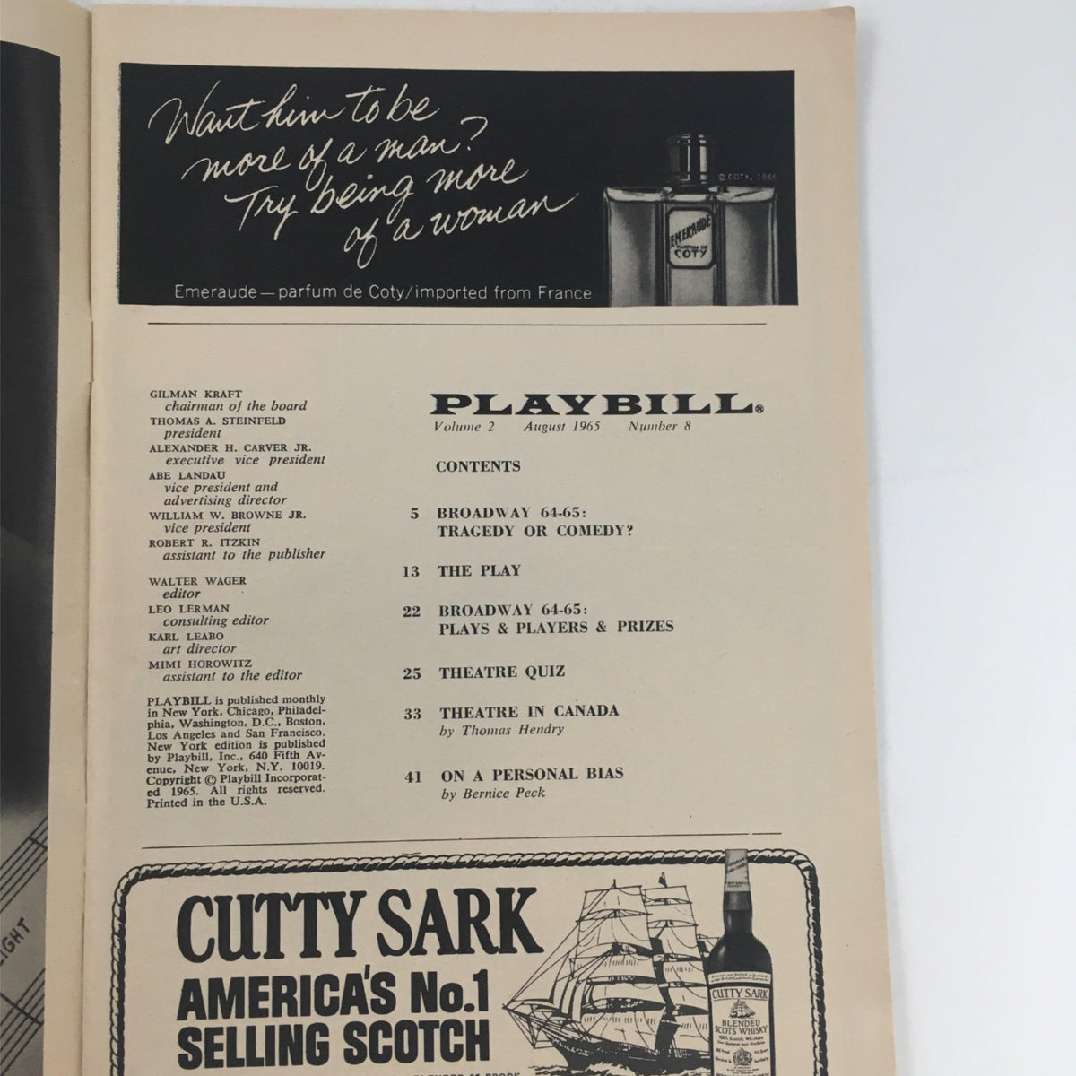 Inside page of the 1965 Playbill for Half A Sixpence, showcasing the contents and advertisements, highlighting its historical significance.