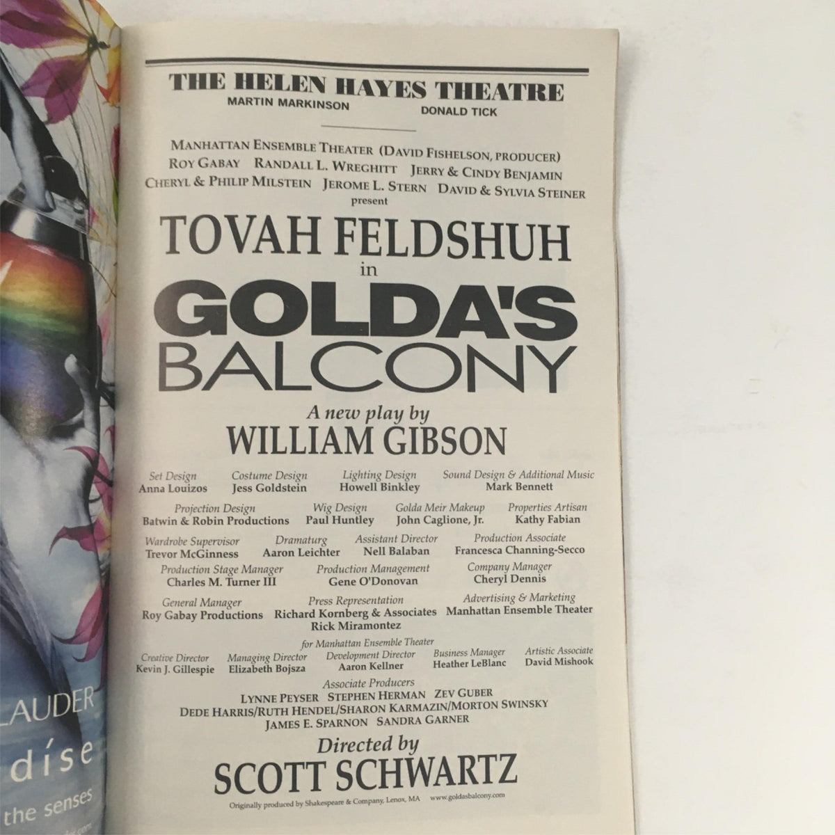 2004 Playbill for 'Golda's Balcony' by William Gibson, directed by Scott Schwartz, showcasing the cast and crew details at The Helen Hayes Theatre.