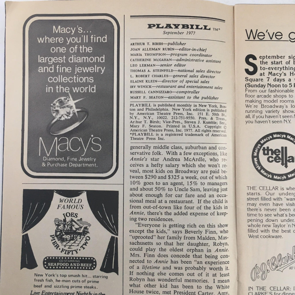 Inside page of the 1977 Playbill for 'I Love My Wife' at Ethel Barrymore Theatre, displaying an advertisement for Macy's and additional theatrical information.