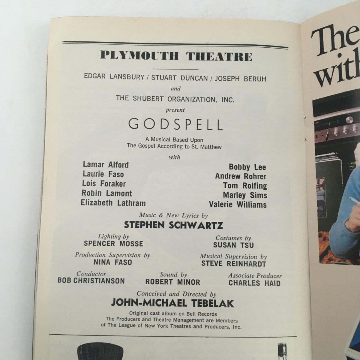 1976 Playbill for Godspell at Plymouth Theatre, highlighting cast members, credits, and production information including music by Stephen Schwartz.