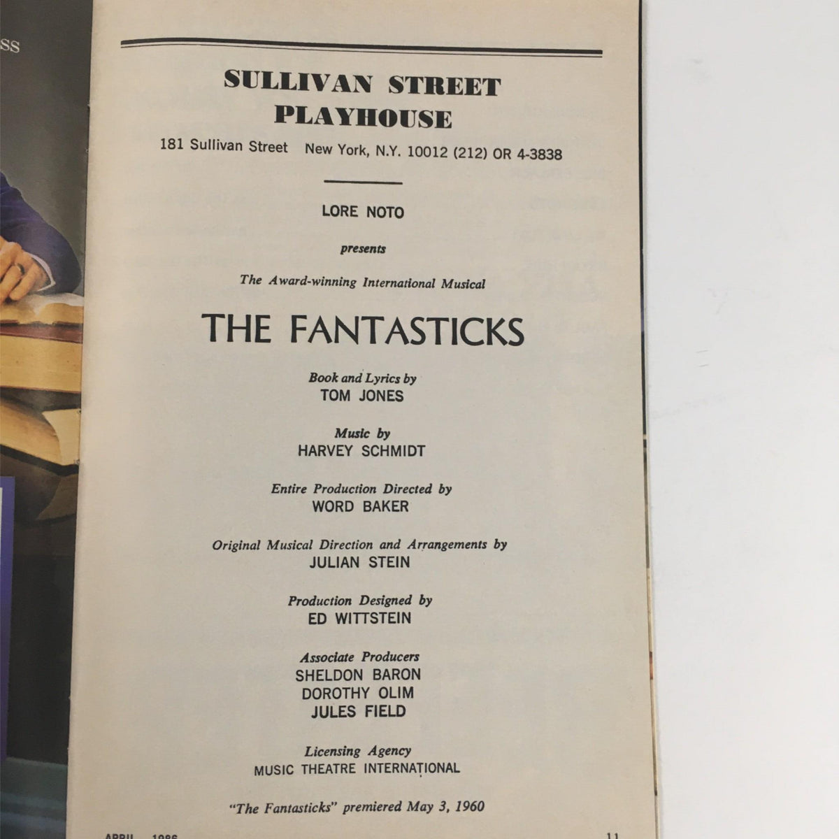 Inside page of the 1986 Playbill for The Fantasticks, detailing the contributors and musical information, including book and lyrics by Tom Jones and music by Harvey Schmidt.