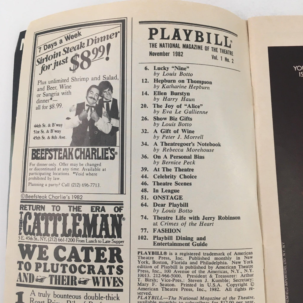 Interior page of the 1982 Playbill for Evita, showcasing an advertisement for Beefsteak Charlie's and listings of articles included in the magazine.