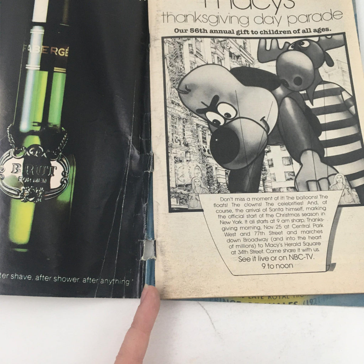 Advertisement in the 1982 Playbill for Evita, promoting the Macy's Thanksgiving Day Parade and featuring an illustration of a cartoon character.