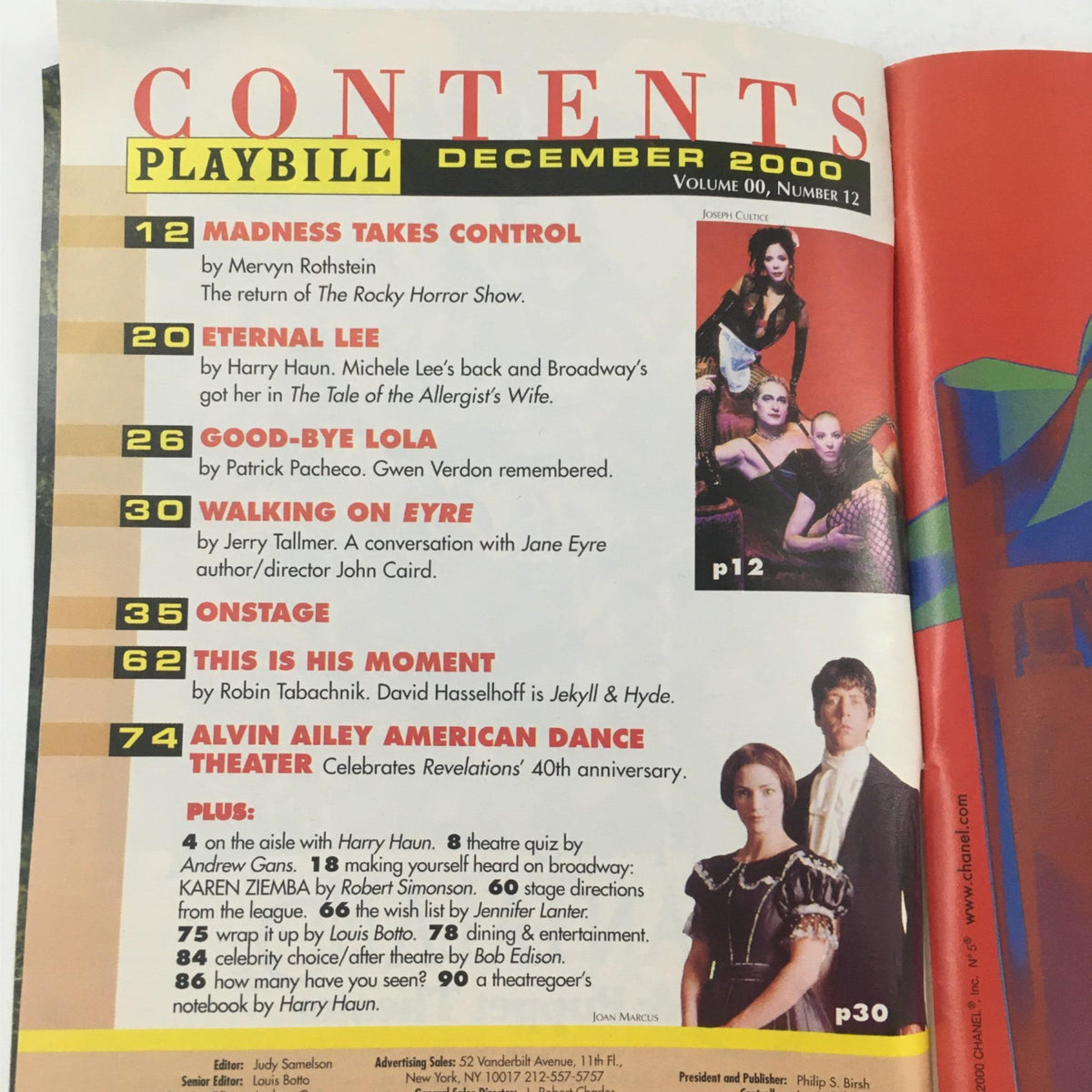 Contents page of the 2000 Playbill for 'Tiny Alice' showcasing various theatre productions and articles, including details on cast and theatrical events.