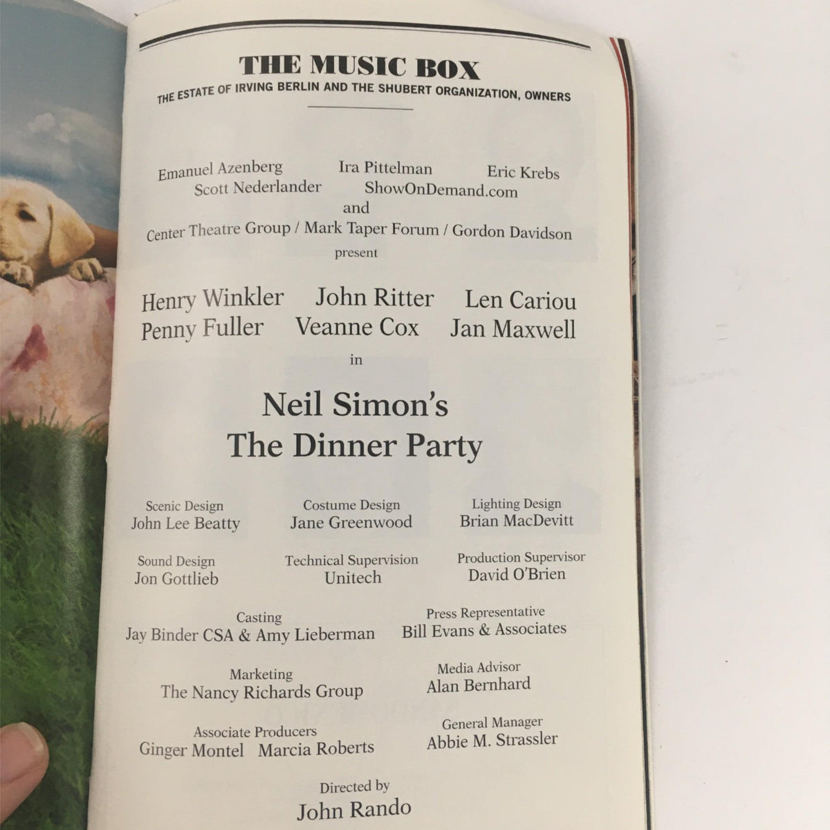 Credits page of the Playbill for Neil Simon's The Dinner Party at The Music Box Theatre, listing the creative team and production details of the performance directed by John Rando.
