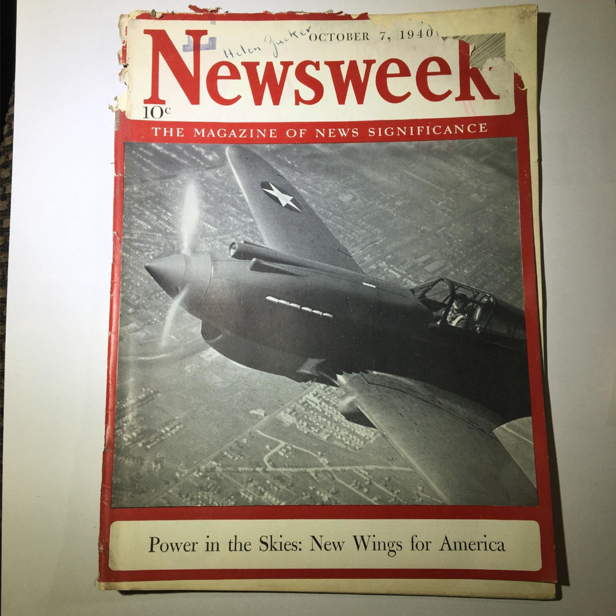 Cover of Newsweek Magazine October 7, 1940 featuring the headline 'Power in the Skies: New Wings for America' with an image of a WWII-era fighter plane.