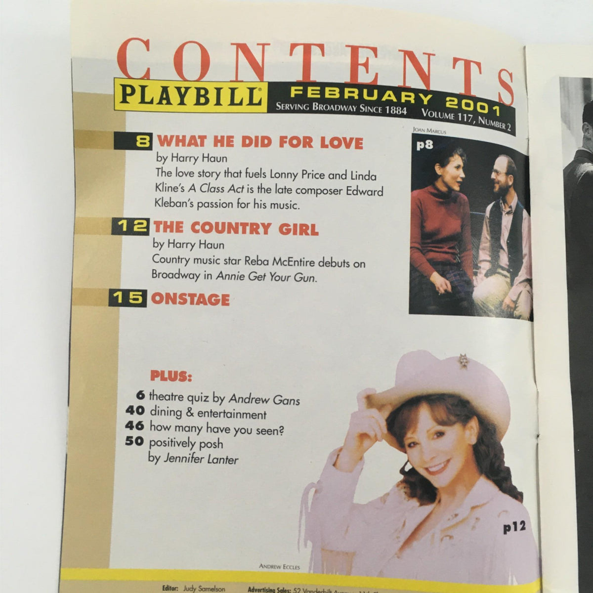 Inside contents page of the February 2001 Playbill showcasing various articles, including what Harry Haun did for love and The Country Girl.