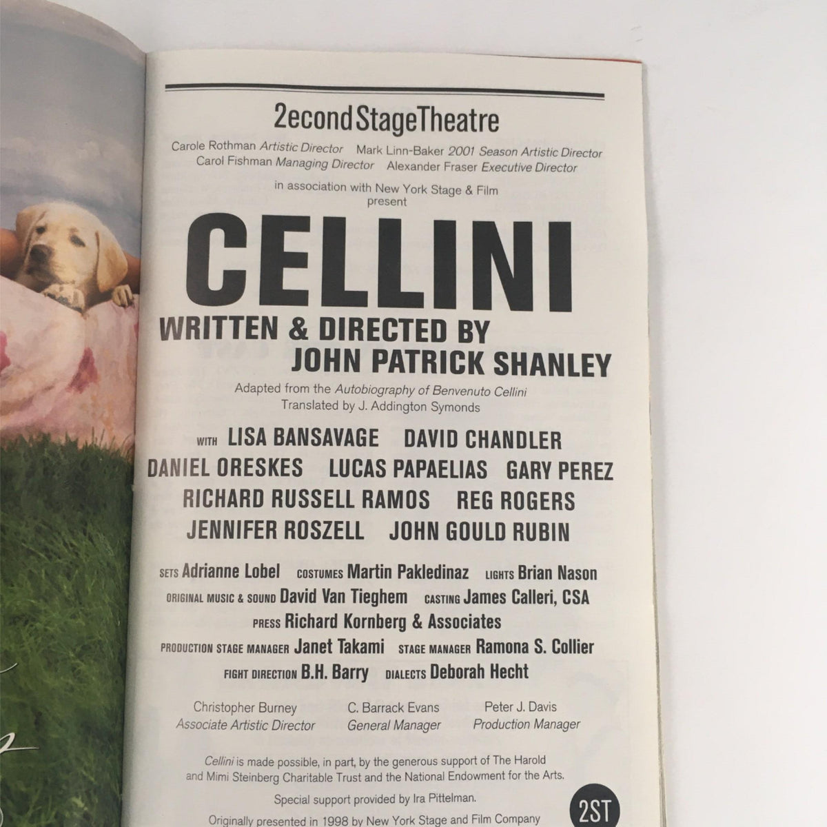 Theater credits page from the Playbill for Cellini, listing the cast and crew, including John Patrick Shanley as the writer and director.