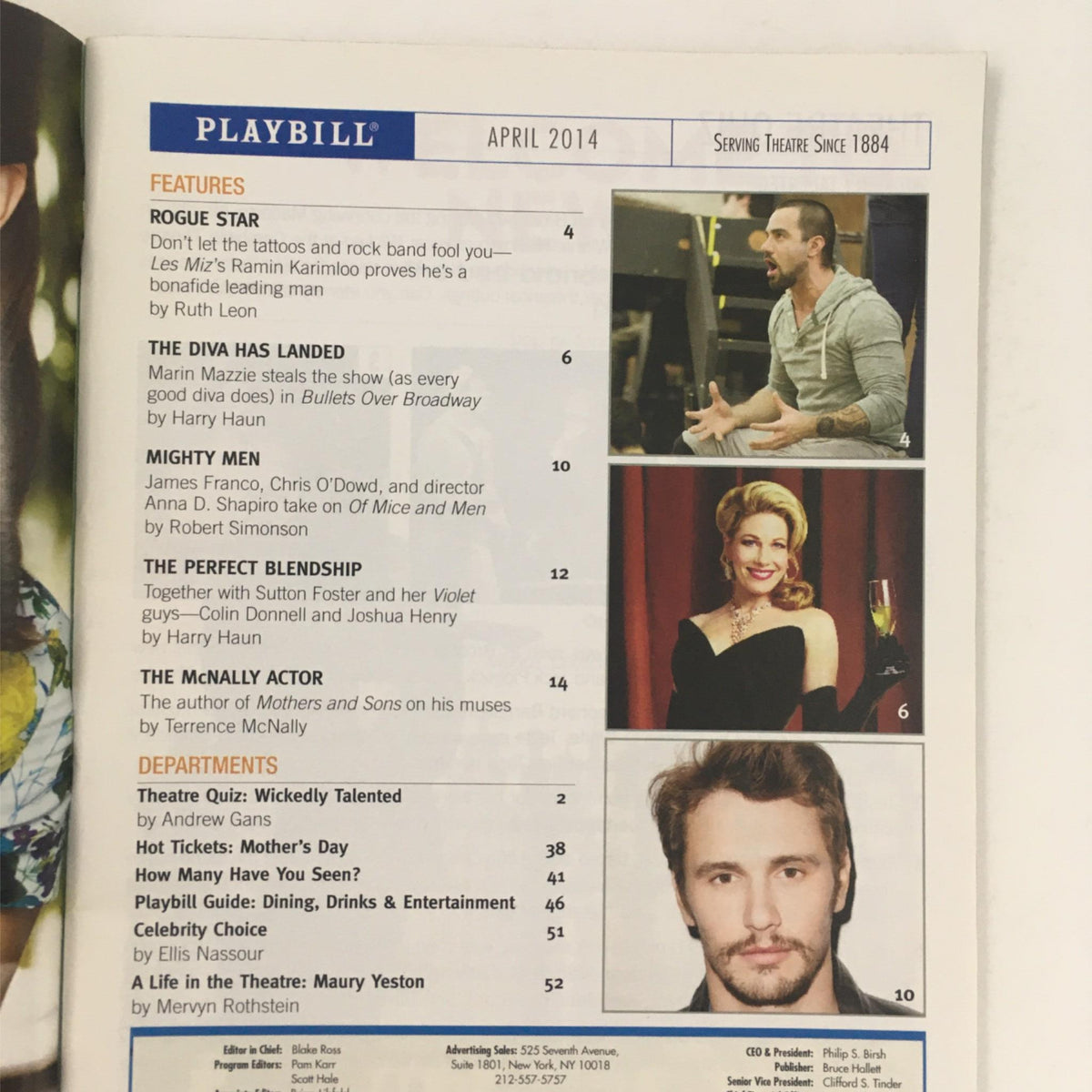 Inside page of the 2014 Playbill for Casa Valentina, highlighting features such as articles and sections related to the theater and performances.