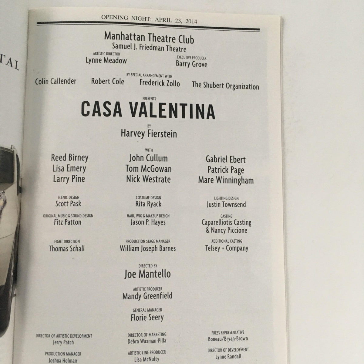 2014 Playbill for Casa Valentina by Harvey Fierstein featuring opening night details at Manhattan Theatre Club, including cast and crew information.